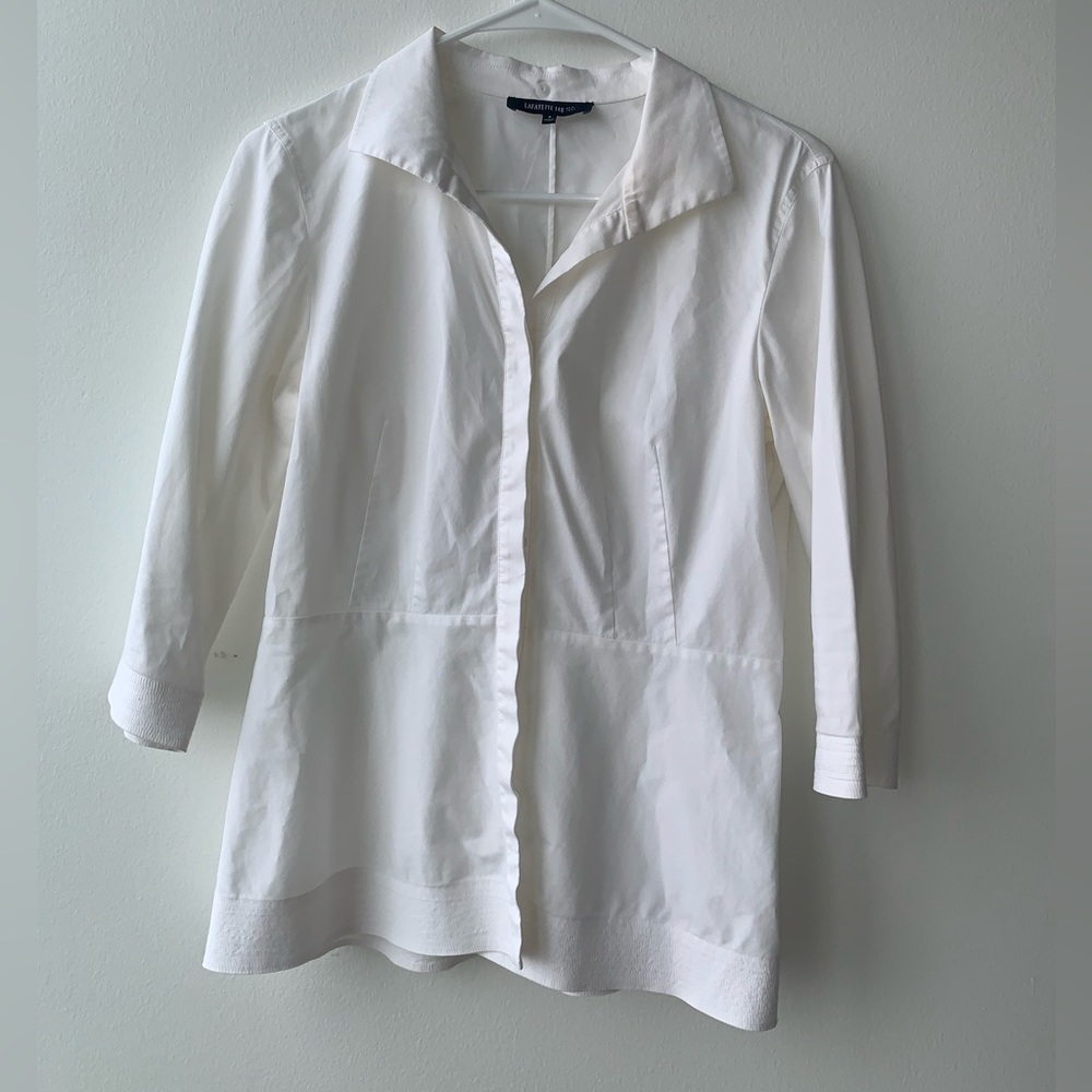 Lafayette 148 New York Button Down Quarter Length Sleeves Shirt White SZ 4 Small